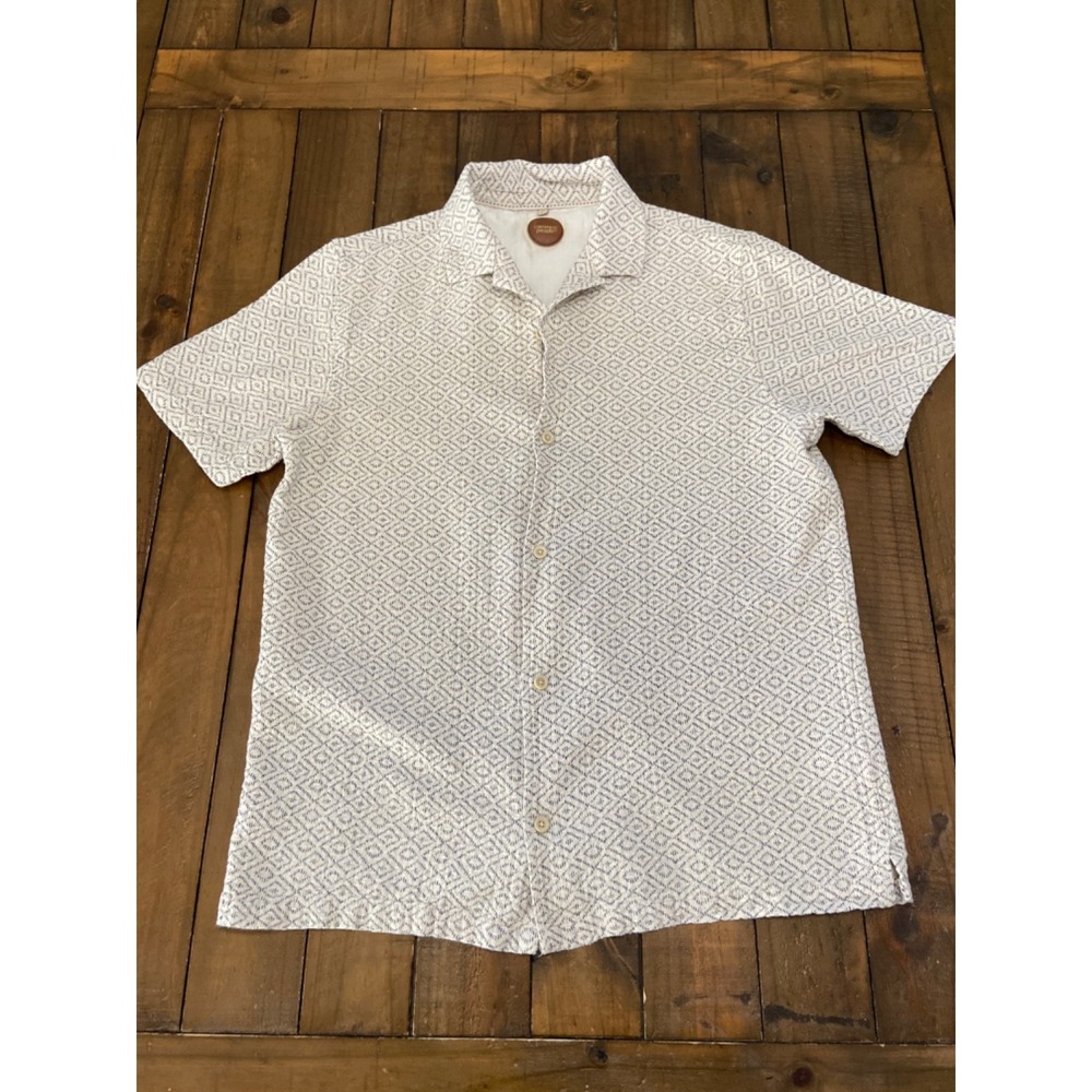 Common People Men's Shirt L Geometric Cream Blue Textured Cotton Button Up Large